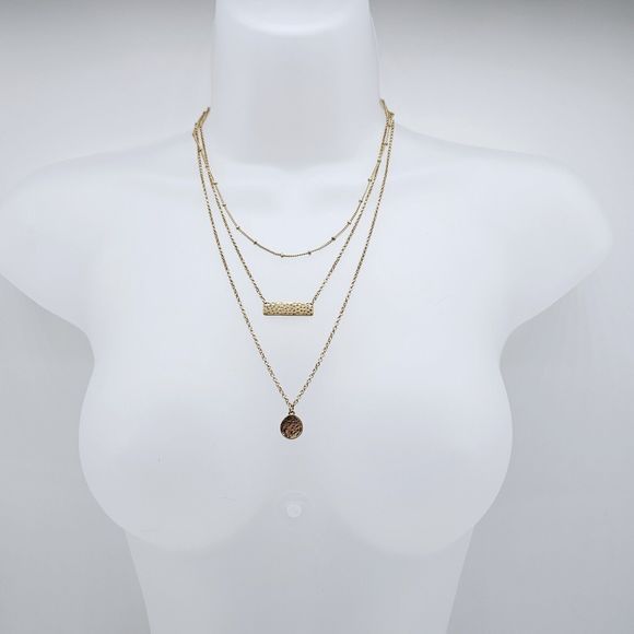 Bancroft Layered Necklace Gold Tone Hammered Pendants Triple Strand Draping - Picture 2 of 9